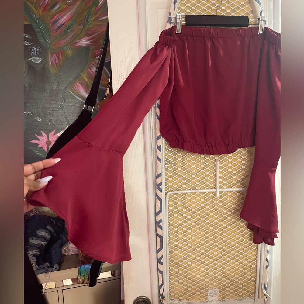 BURGUNDY FLARE SLEEVE OFF THE SHOULDER BLOUSE